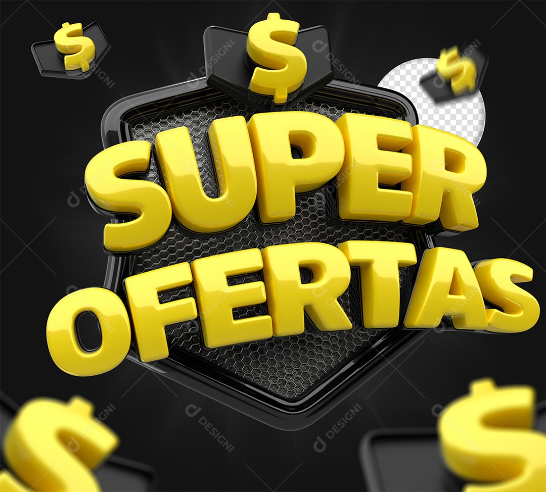 Selo 3D Super Ofertas Preto e Amarelo para Composição PSD