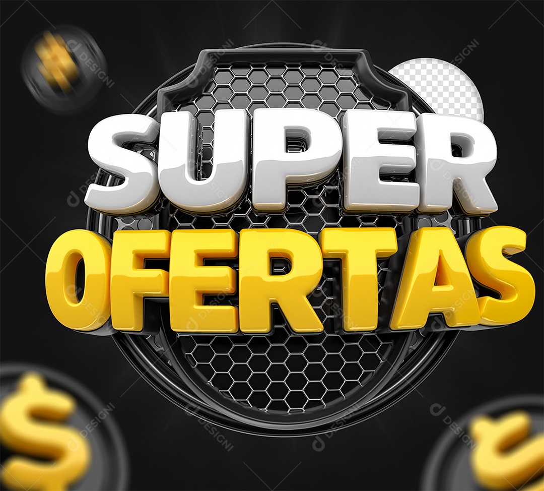 Super Ofertas Selo 3D Preto Branco e Amarelo para Composição PSD