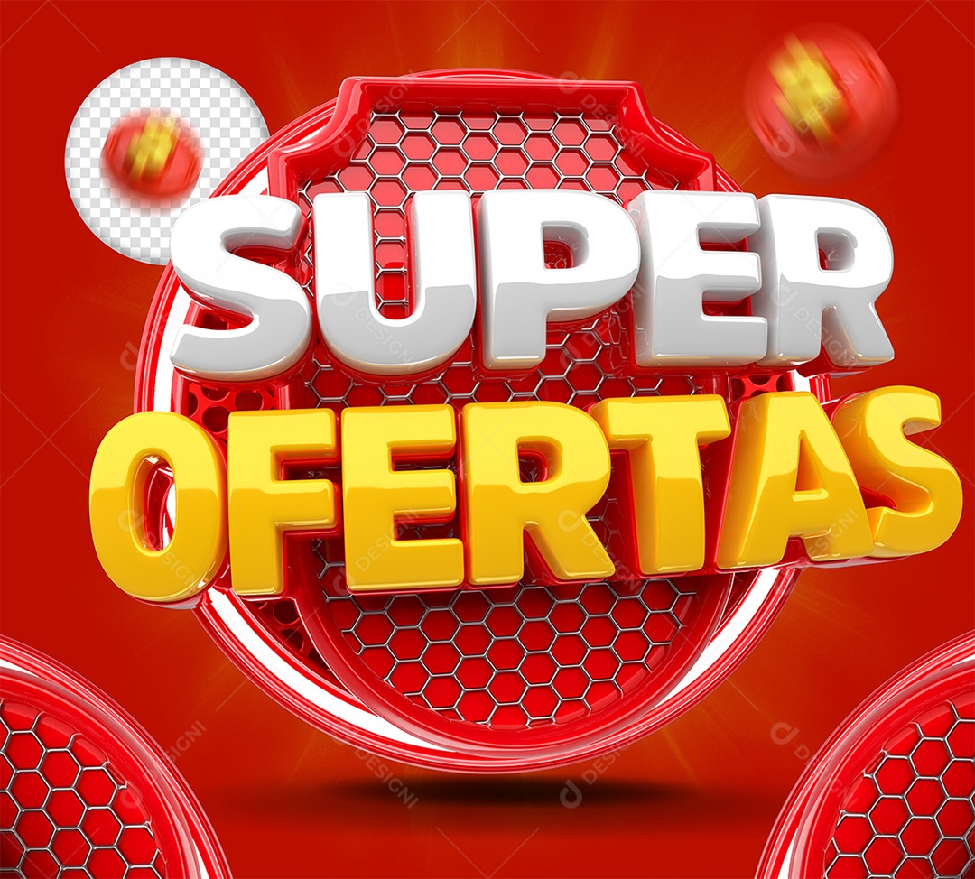 Selo 3D Super Ofertas Vermelho Branco e Amarelo para Composição PSD