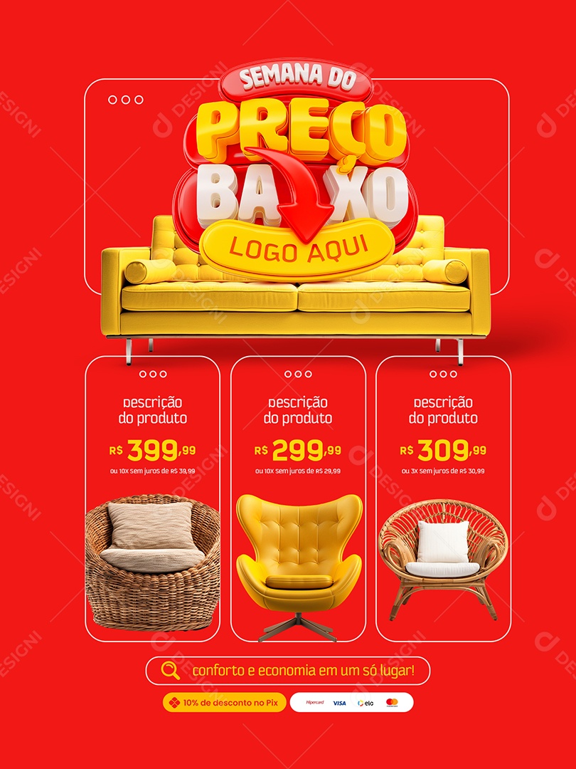 Semana do Preço Baixo Eletrodomésticos Encarte Cadeira Poltrona Sofá Social Media PSD Editável