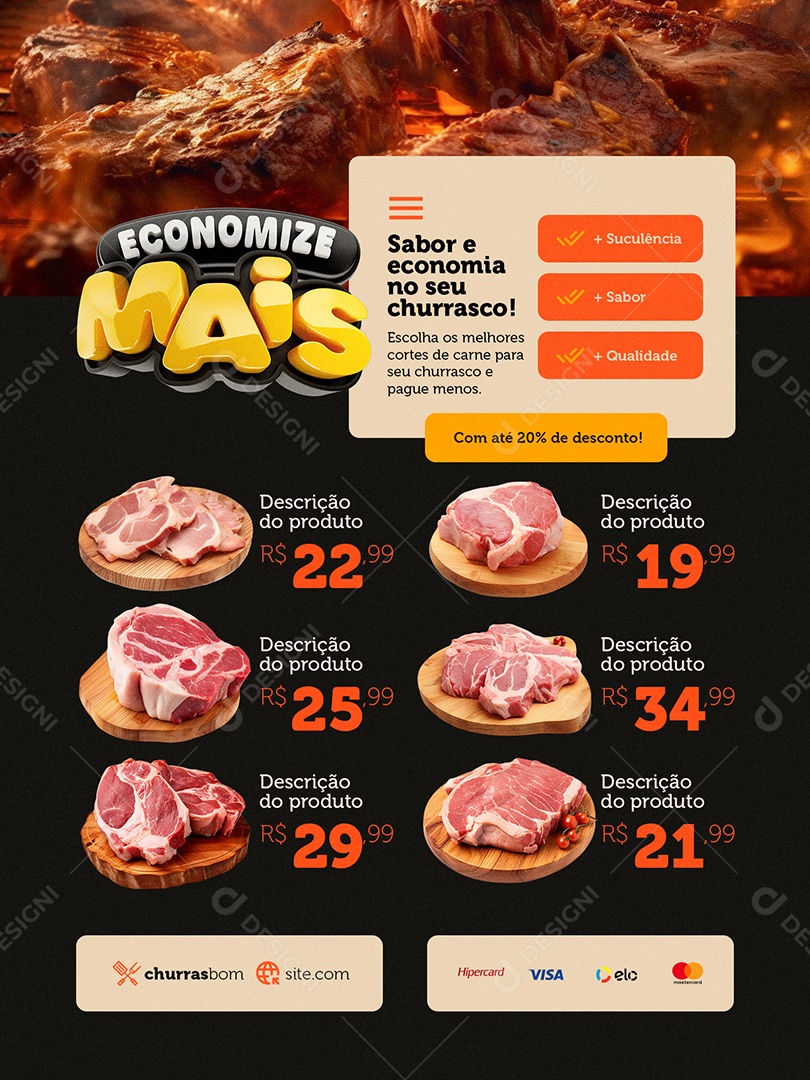 Economize Mais Churrascaria Encarte Carne Suculência Qualidade Social Media PSD Editável