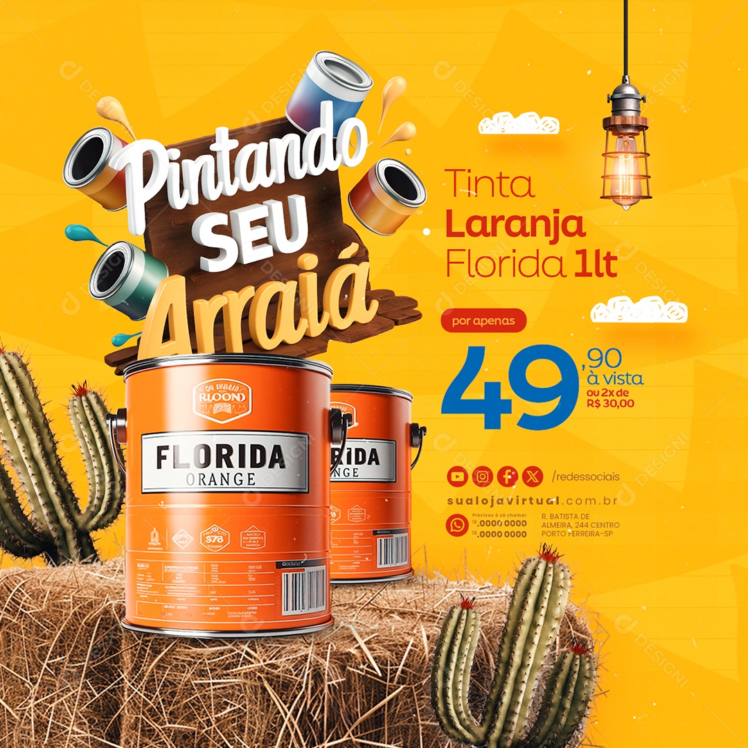 Pintando seu Arraiá Pintor Tinta Laranja Florida 1Lt Social Media PSD Editável
