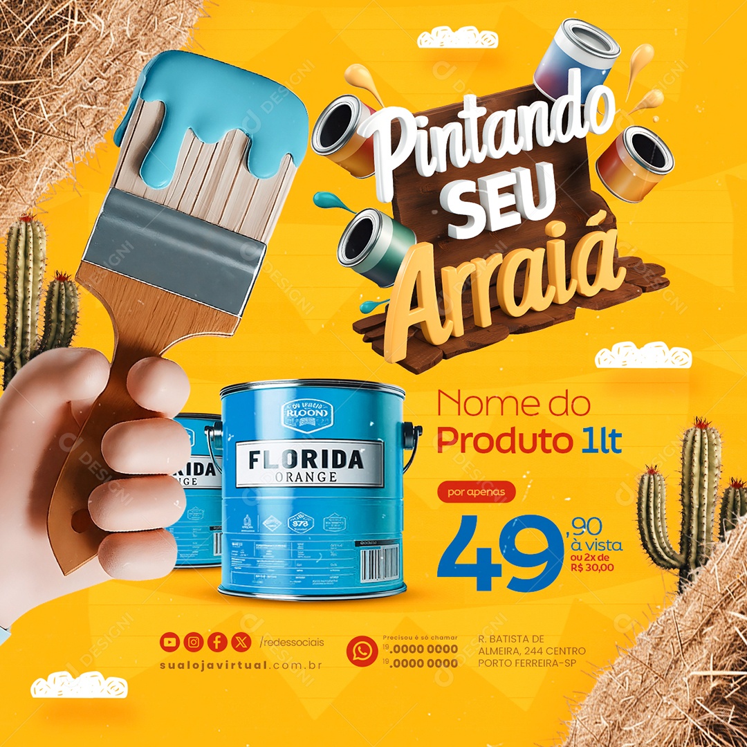 Pintando seu Arraiá Pintor Lata de Tinta Social Media PSD Editável