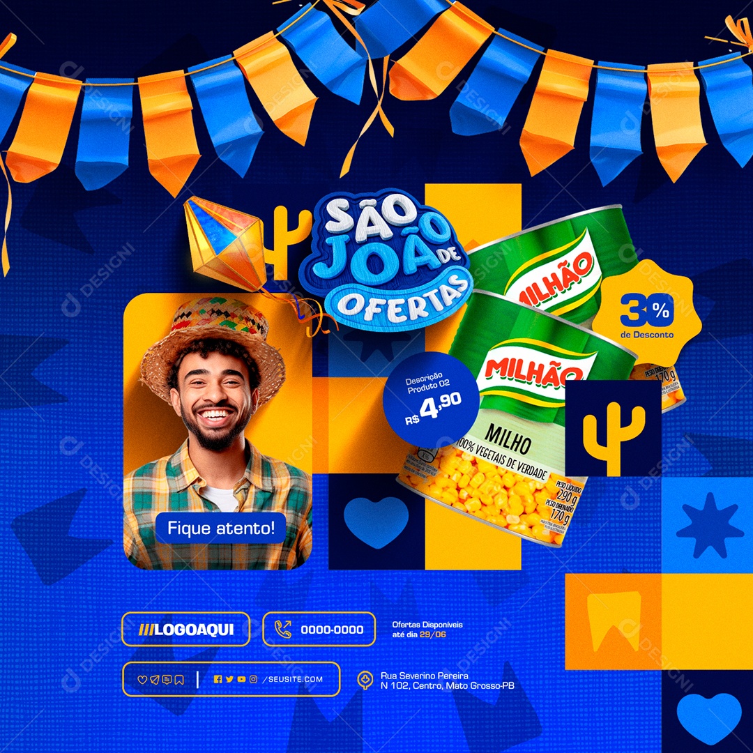São João de Ofertas Supermercado Milho Verde 30% de Desconto Social Media PSD Editável