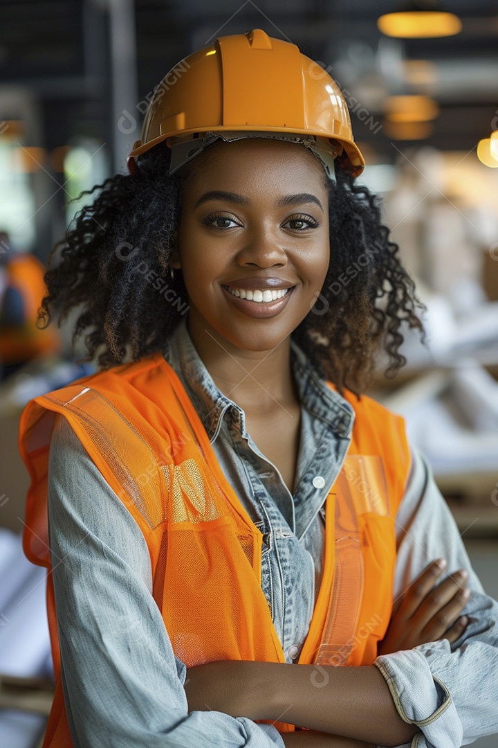 Uma mulher negra com equipamento de construção, colete de segurança vibrante e sorriso confiante