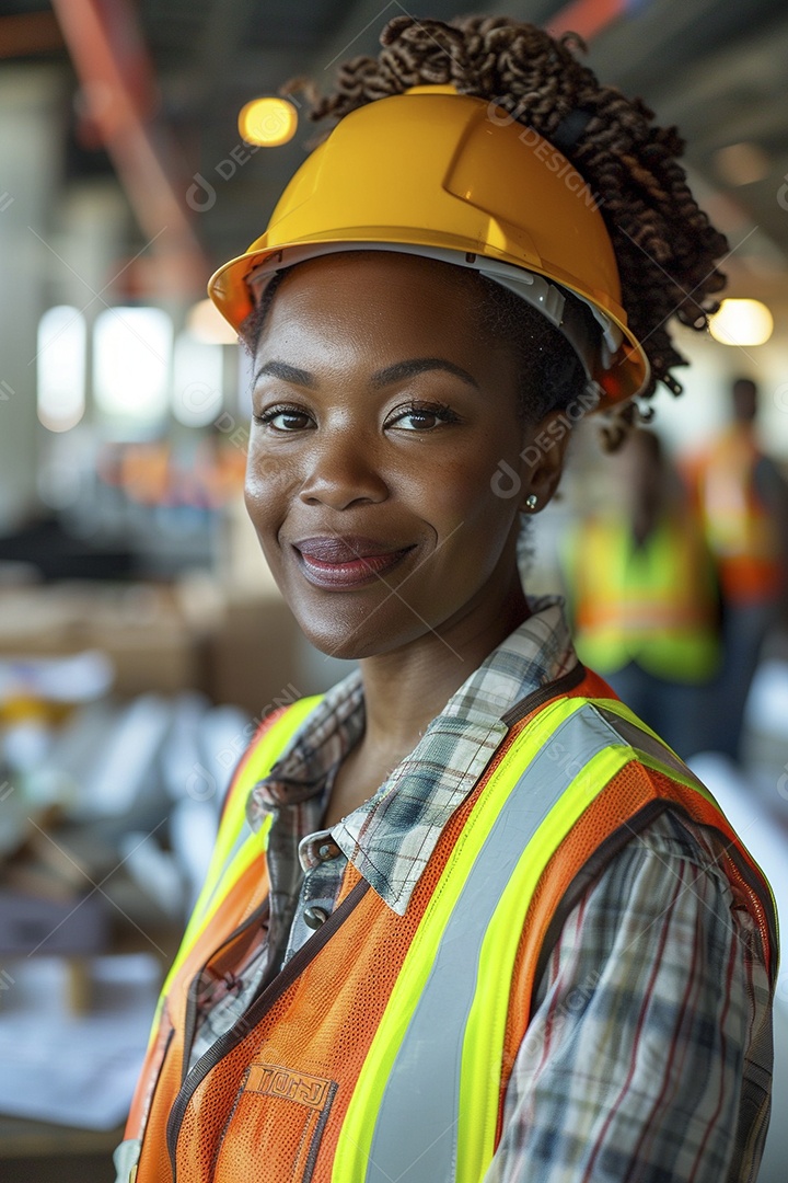 Uma mulher negra com equipamento de construção, colete de segurança vibrante e sorriso confiante