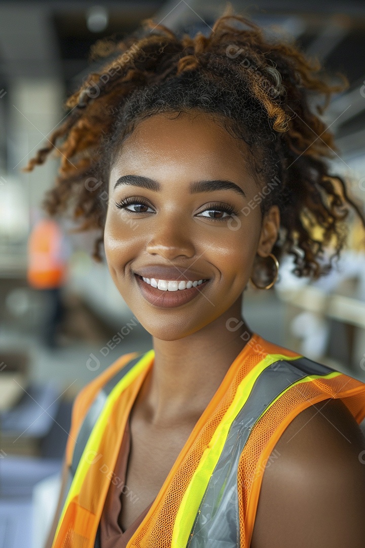 Uma mulher negra com equipamento de construção, colete de segurança vibrante e sorriso confiante