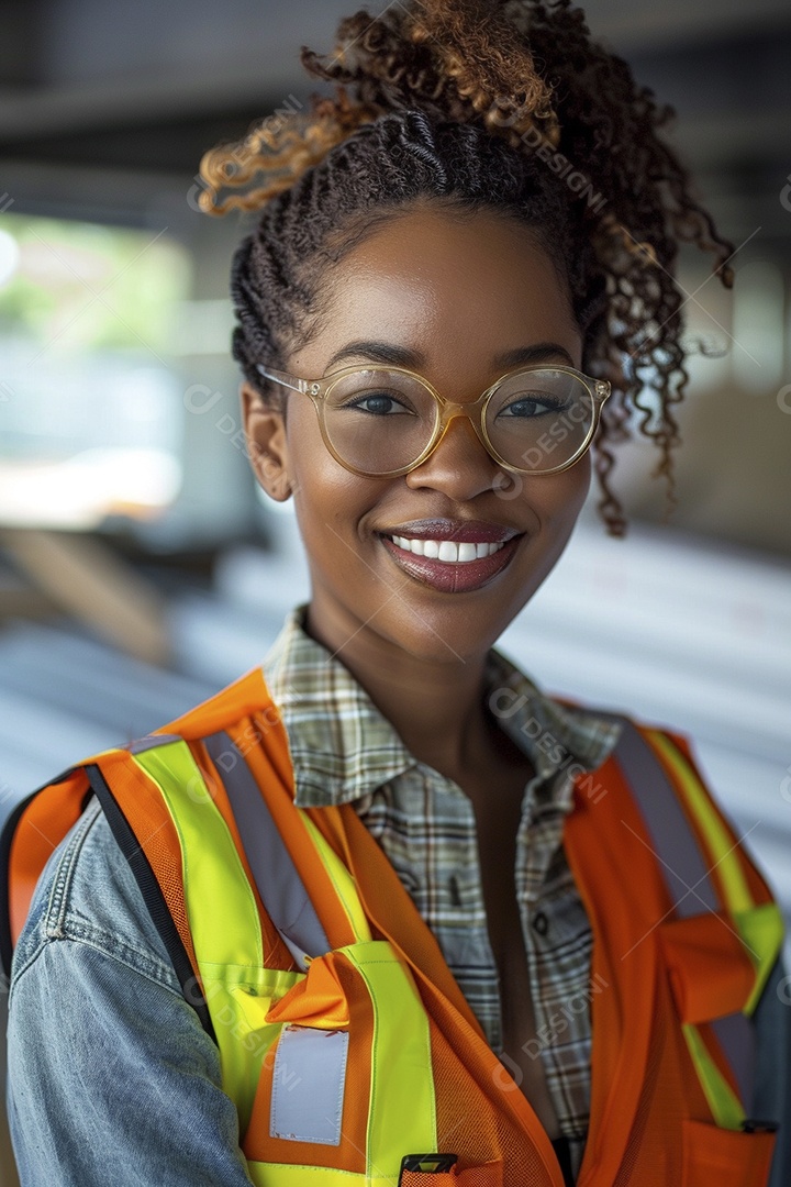 Uma mulher negra com equipamento de construção, colete de segurança vibrante e sorriso confiante