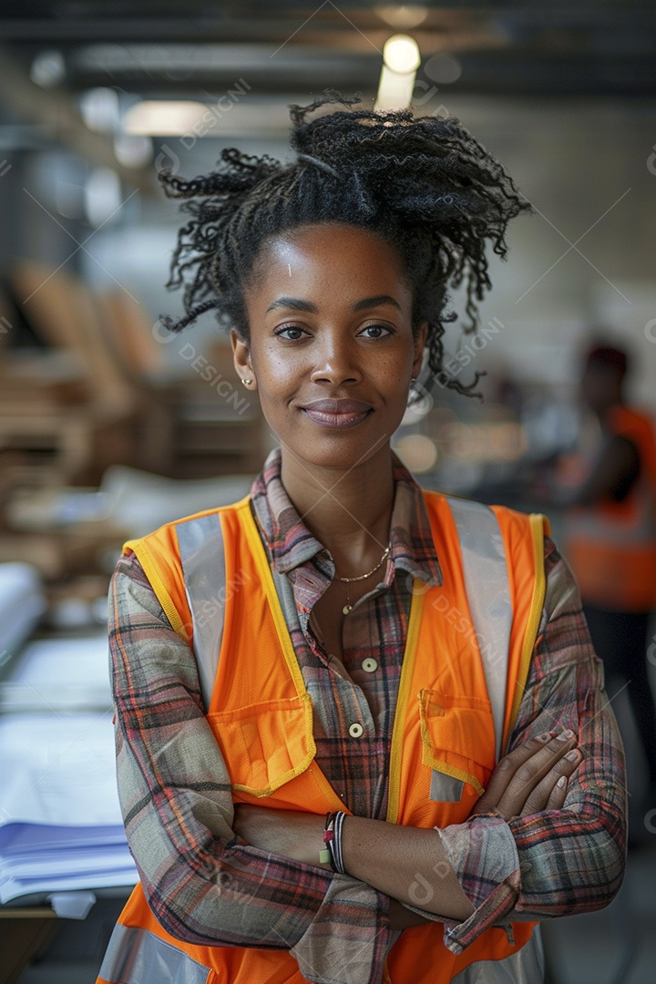 Uma mulher negra com equipamento de construção, colete de segurança vibrante e sorriso confiante