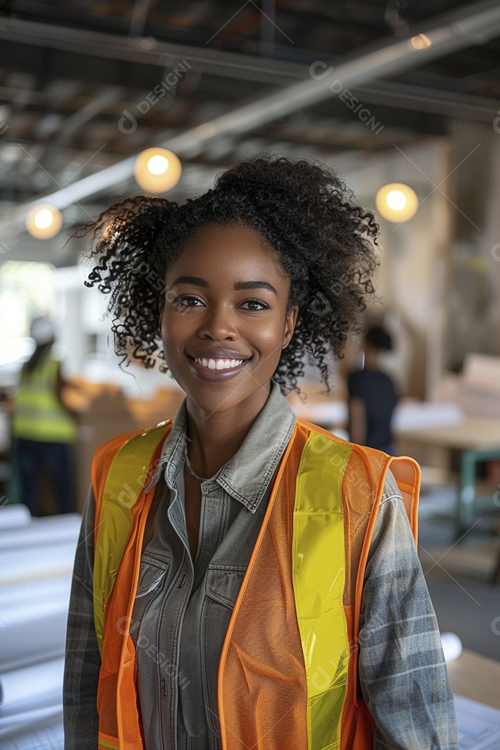 Uma mulher negra com equipamento de construção, colete de segurança vibrante e sorriso confiante