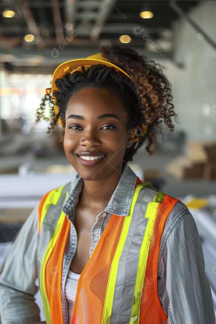 Uma mulher negra com equipamento de construção, colete de segurança vibrante e sorriso confiante