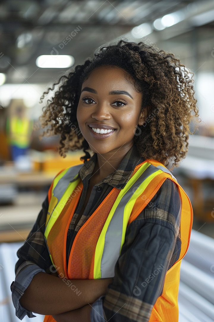 Uma mulher negra com equipamento de construção, colete de segurança vibrante e sorriso confiante
