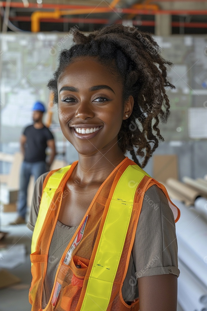 Uma mulher negra com equipamento de construção, colete de segurança vibrante e sorriso confiante