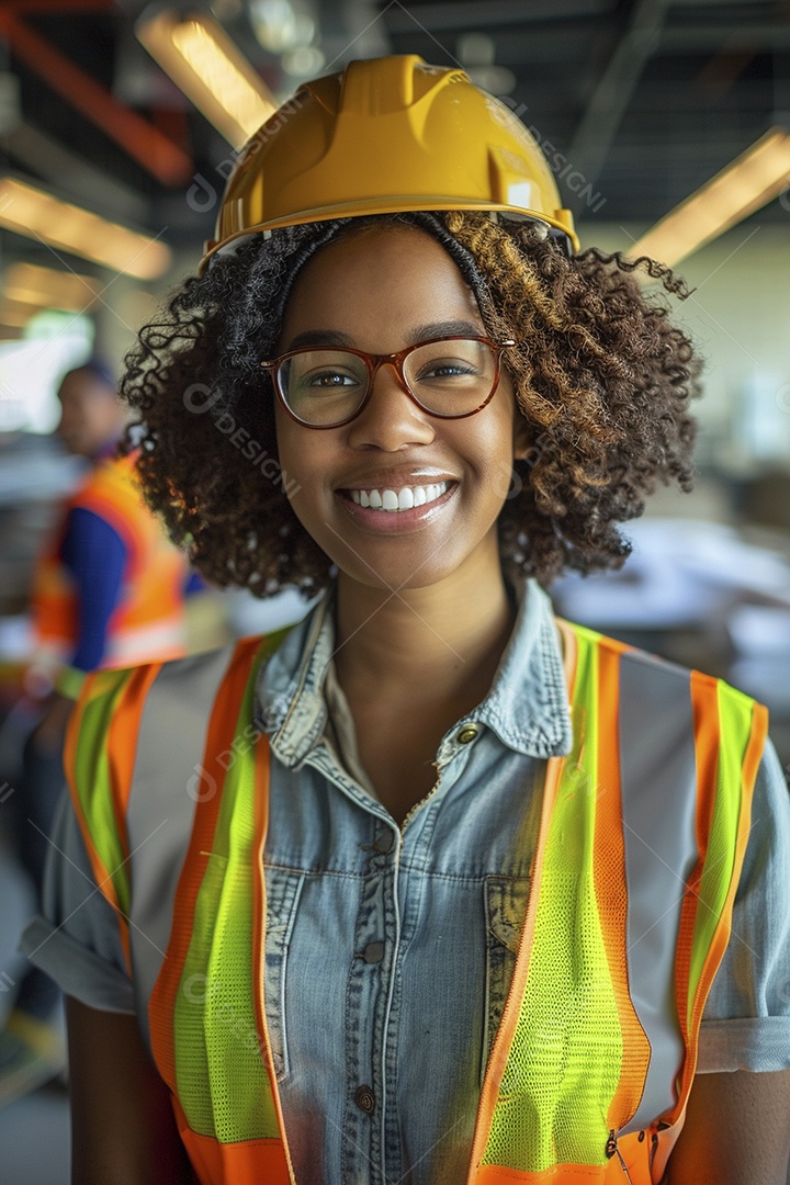 Uma mulher negra com equipamento de construção, colete de segurança vibrante e sorriso confiante