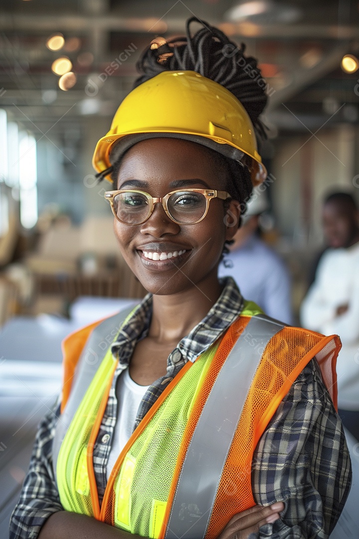 Uma mulher negra com equipamento de construção, colete de segurança vibrante e sorriso confiante