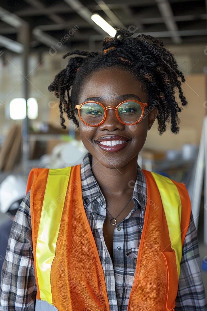 Uma mulher negra com equipamento de construção, colete de segurança vibrante e sorriso confiante