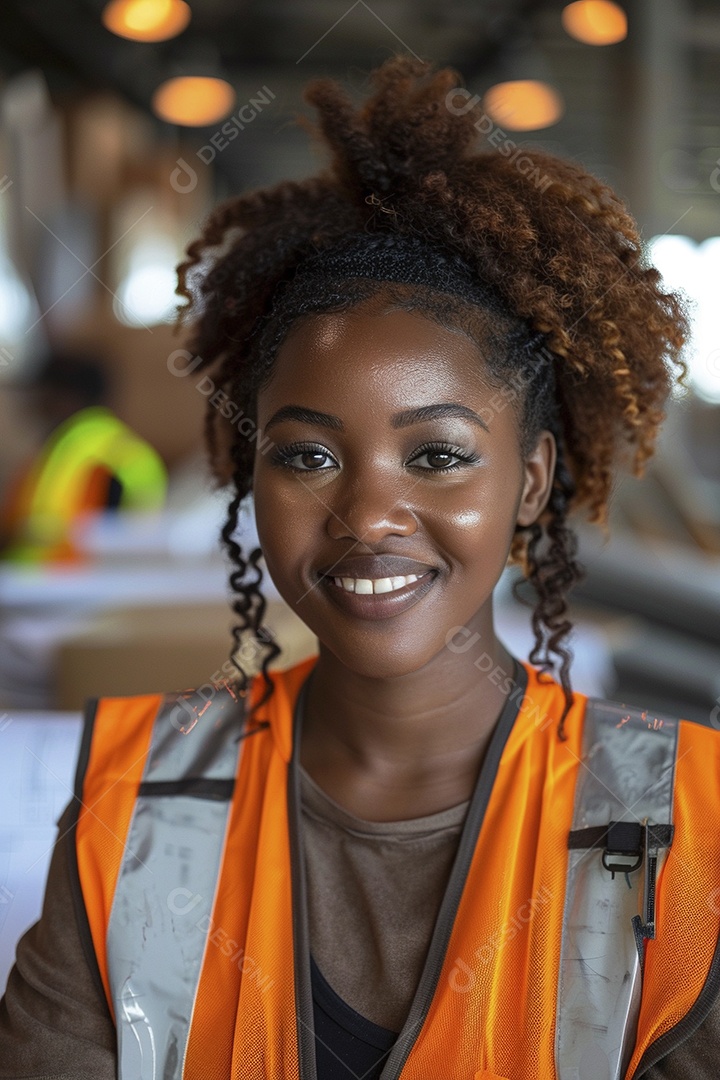 Uma mulher negra com equipamento de construção, colete de segurança vibrante e sorriso confiante