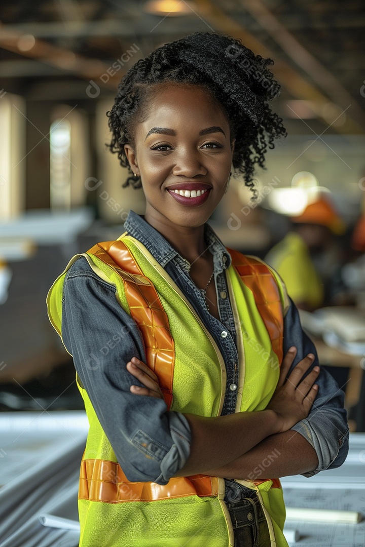 Uma mulher negra com equipamento de construção, colete de segurança vibrante e sorriso confiante