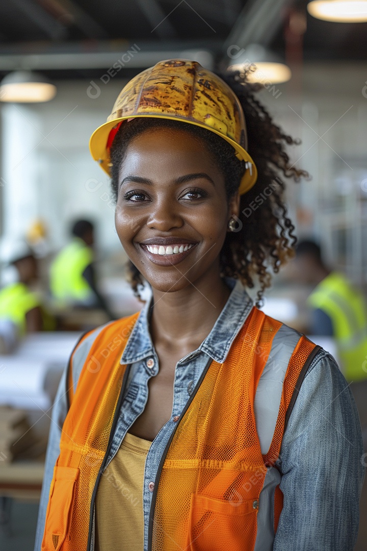 Uma mulher negra com equipamento de construção, colete de segurança vibrante e sorriso confiante