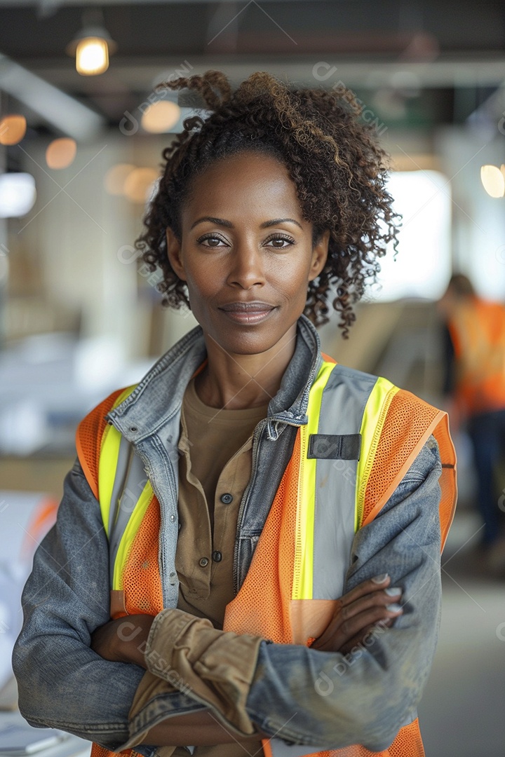 Uma mulher negra com equipamento de construção, colete de segurança vibrante e sorriso confiante