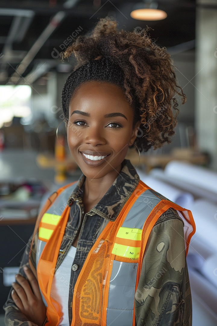 Uma mulher negra com equipamento de construção, colete de segurança vibrante e sorriso confiante