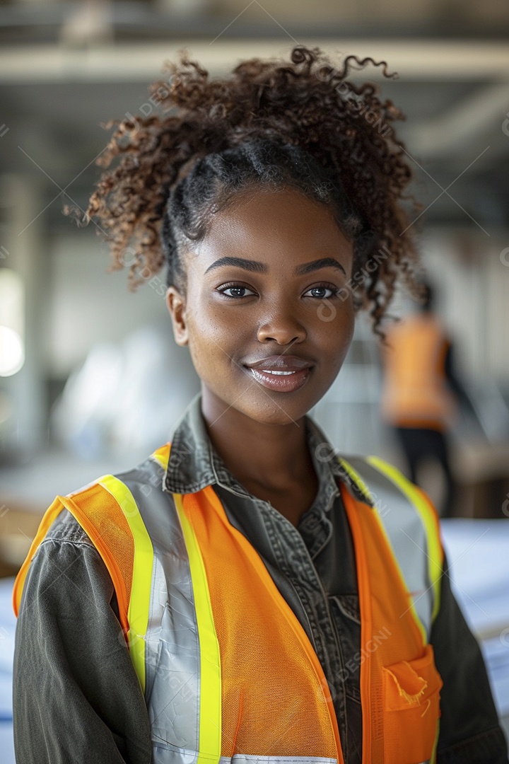 Uma mulher negra com equipamento de construção, colete de segurança vibrante e sorriso confiante