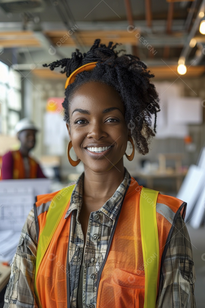 Uma mulher negra com equipamento de construção, colete de segurança vibrante e sorriso confiante