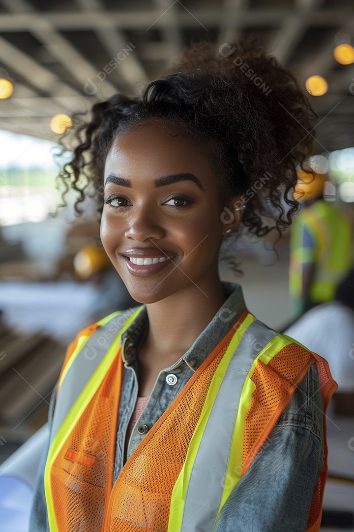 Uma mulher negra com equipamento de construção, colete de segurança vibrante e sorriso confiante