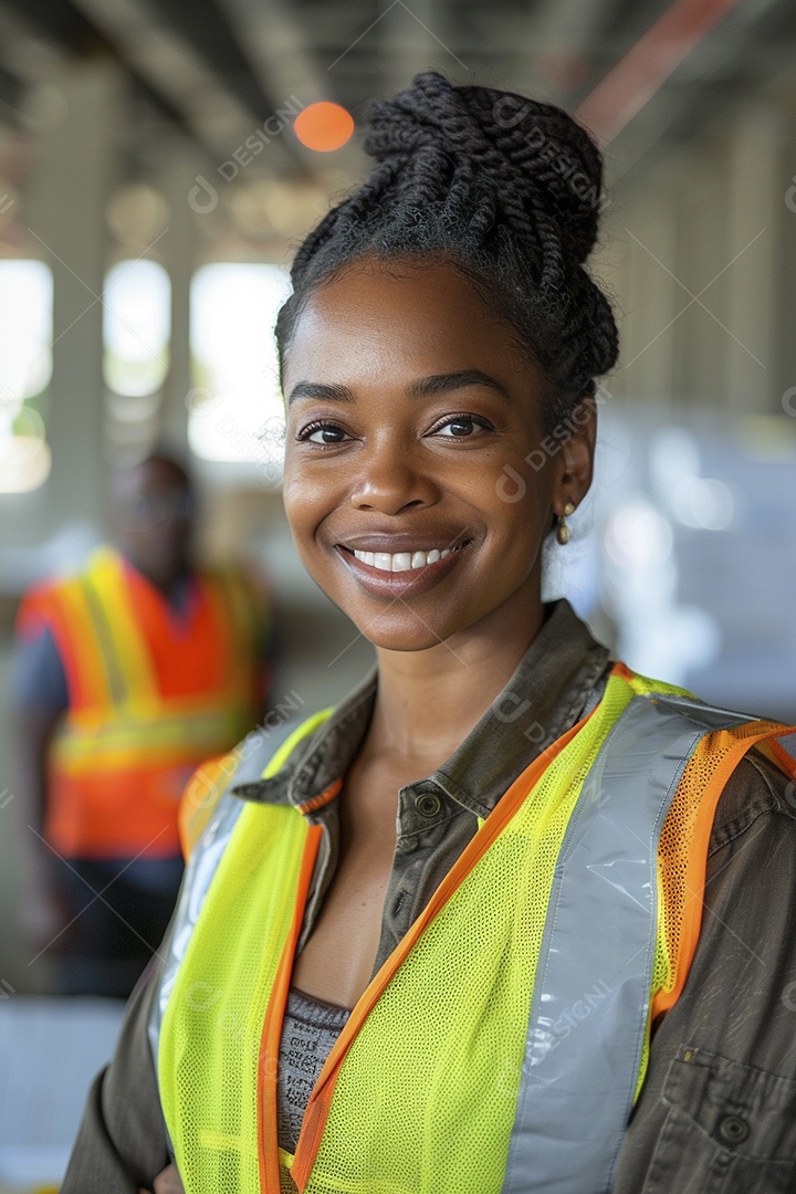 Uma mulher negra com equipamento de construção, colete de segurança vibrante e sorriso confiante