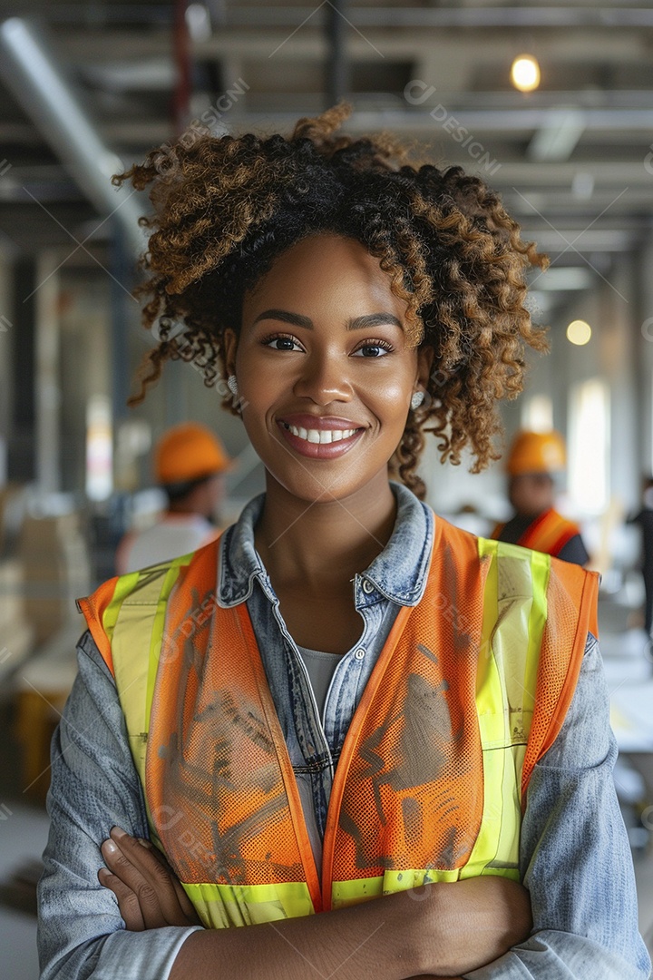 Uma mulher negra com equipamento de construção, colete de segurança vibrante e sorriso confiante