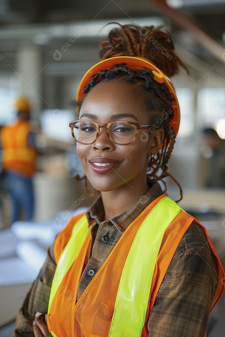 Uma mulher negra com equipamento de construção, colete de segurança vibrante e sorriso confiante
