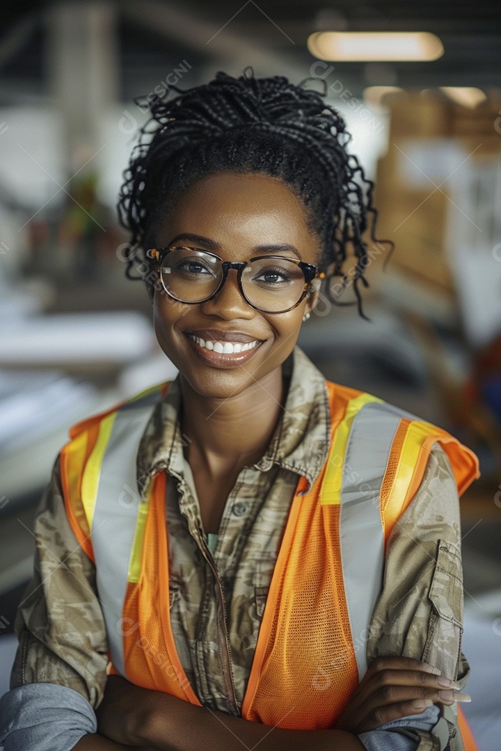 Uma mulher negra com equipamento de construção, colete de segurança vibrante e sorriso confiante
