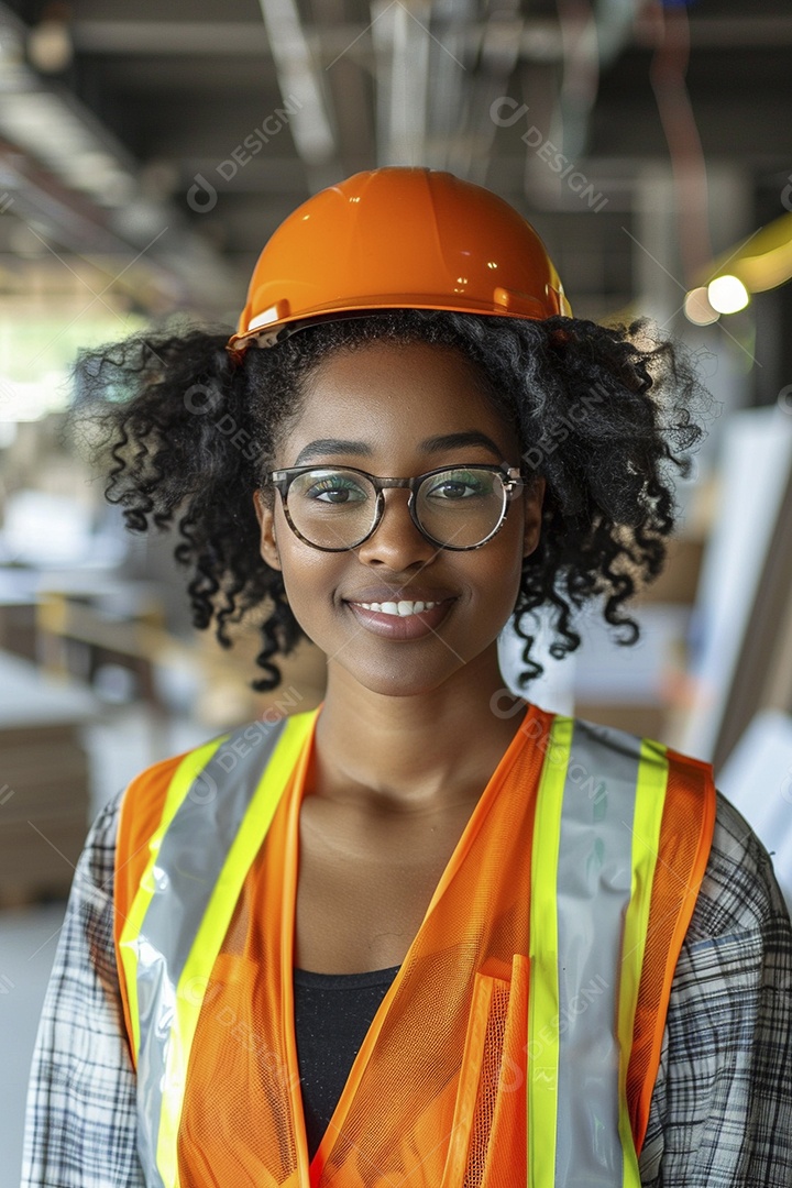 Uma mulher negra com equipamento de construção, colete de segurança vibrante e sorriso confiante