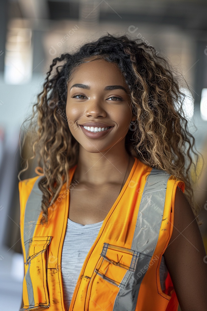 Uma mulher negra com equipamento de construção, colete de segurança vibrante e sorriso confiante