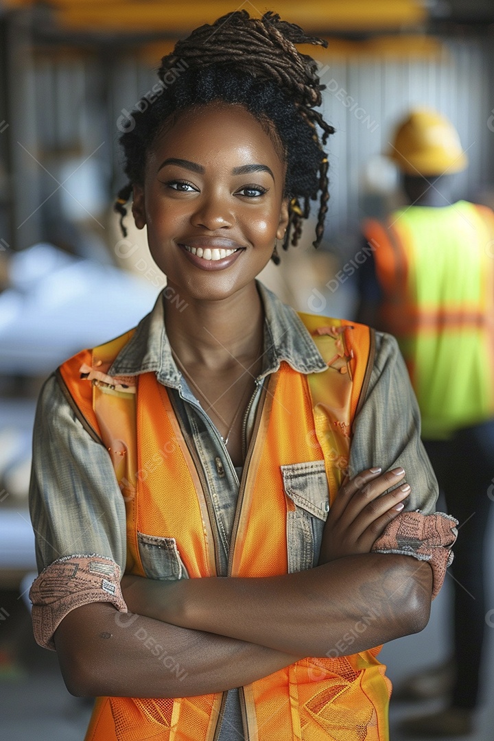 Uma mulher negra com equipamento de construção, colete de segurança vibrante e sorriso confiante