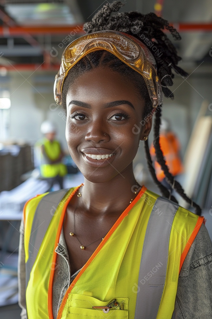 Uma mulher negra com equipamento de construção, colete de segurança vibrante e sorriso confiante