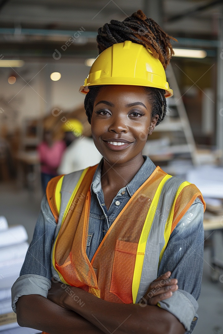 Uma mulher negra com equipamento de construção, colete de segurança vibrante e sorriso confiante