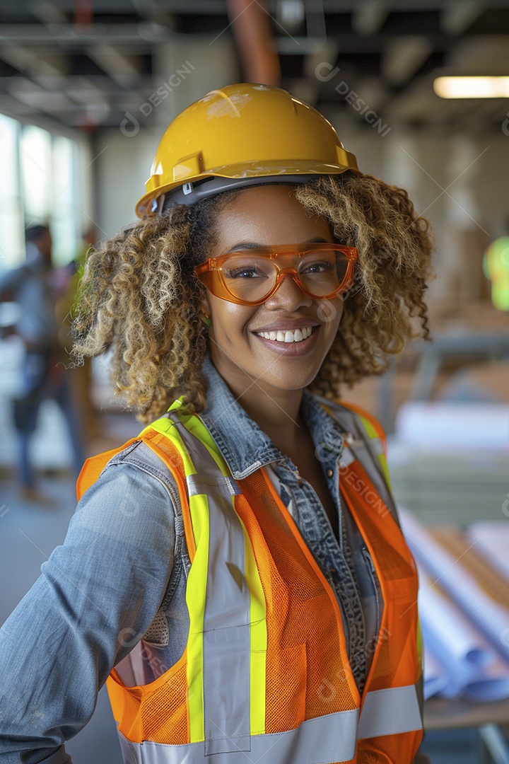 Uma mulher negra com equipamento de construção, colete de segurança vibrante e sorriso confiante