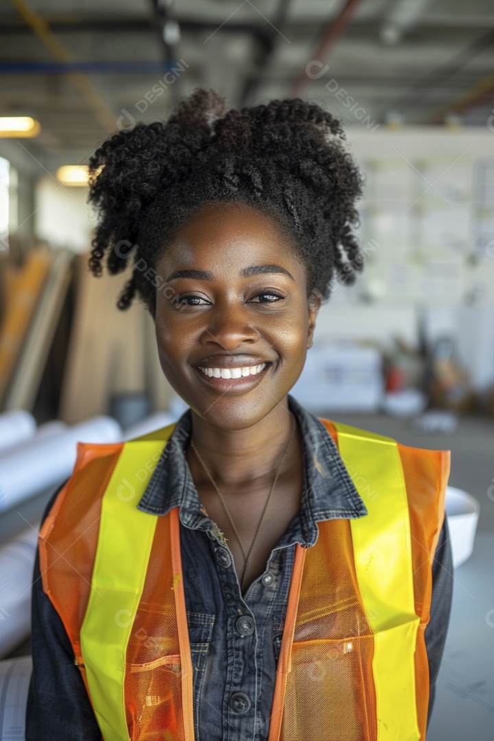 Uma mulher negra com equipamento de construção, colete de segurança vibrante e sorriso confiante