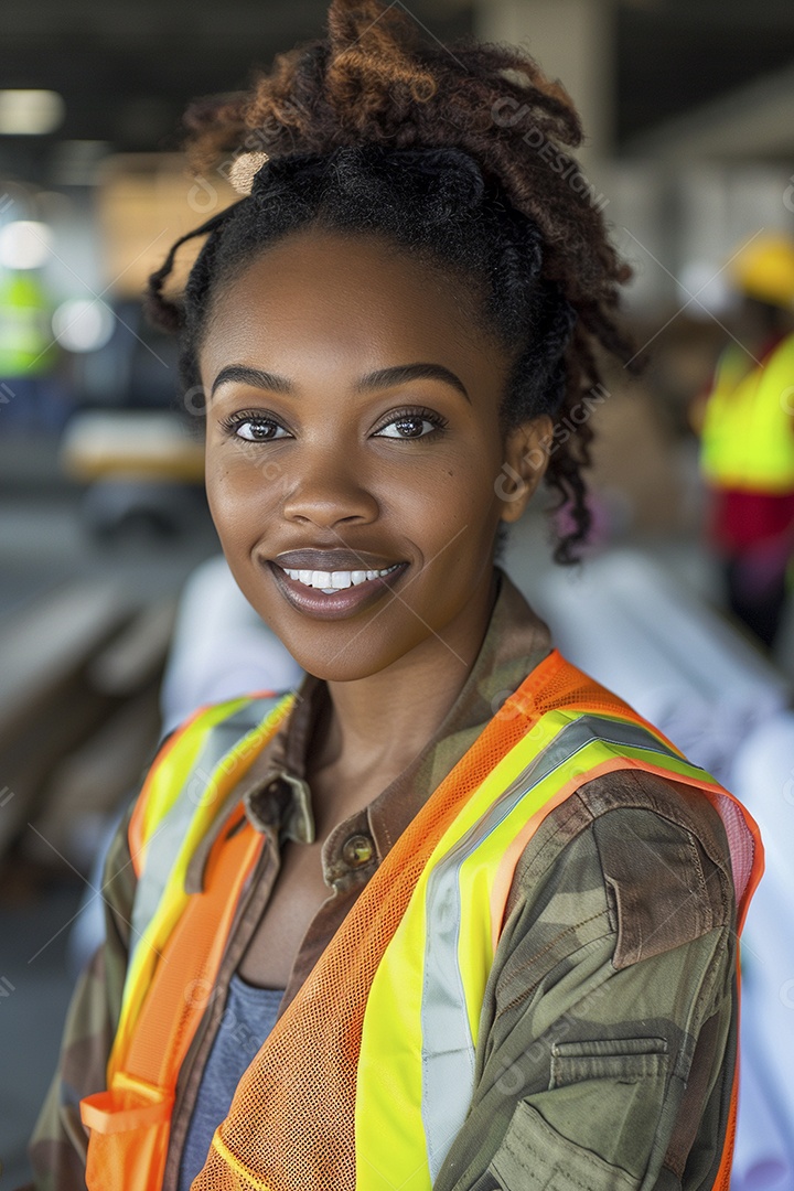 Uma mulher negra com equipamento de construção, colete de segurança vibrante e sorriso confiante