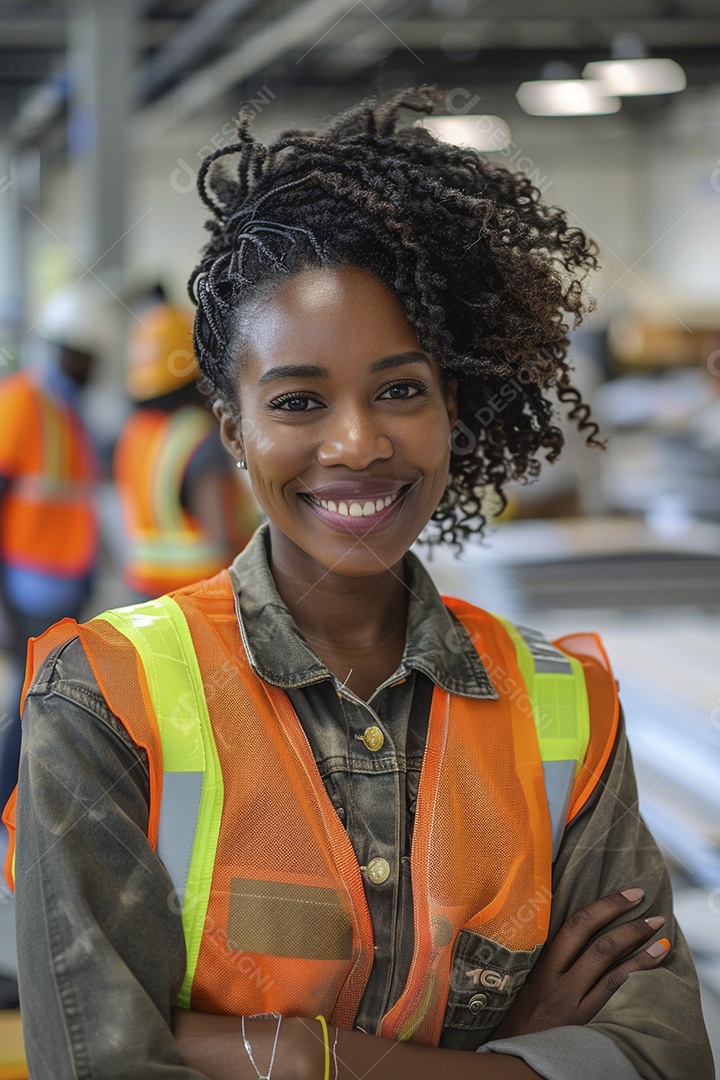 Uma mulher negra com equipamento de construção, colete de segurança vibrante e sorriso confiante