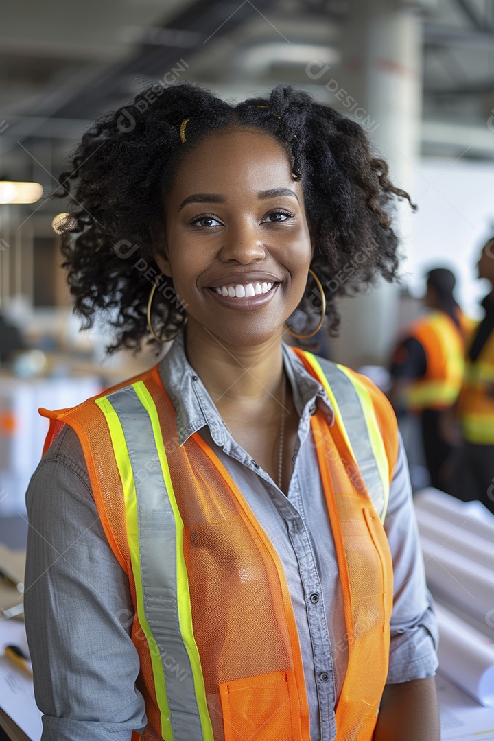 Uma mulher negra com equipamento de construção, colete de segurança vibrante e sorriso confiante