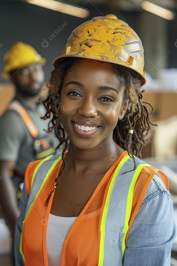 Uma mulher negra com equipamento de construção, colete de segurança vibrante e sorriso confiante