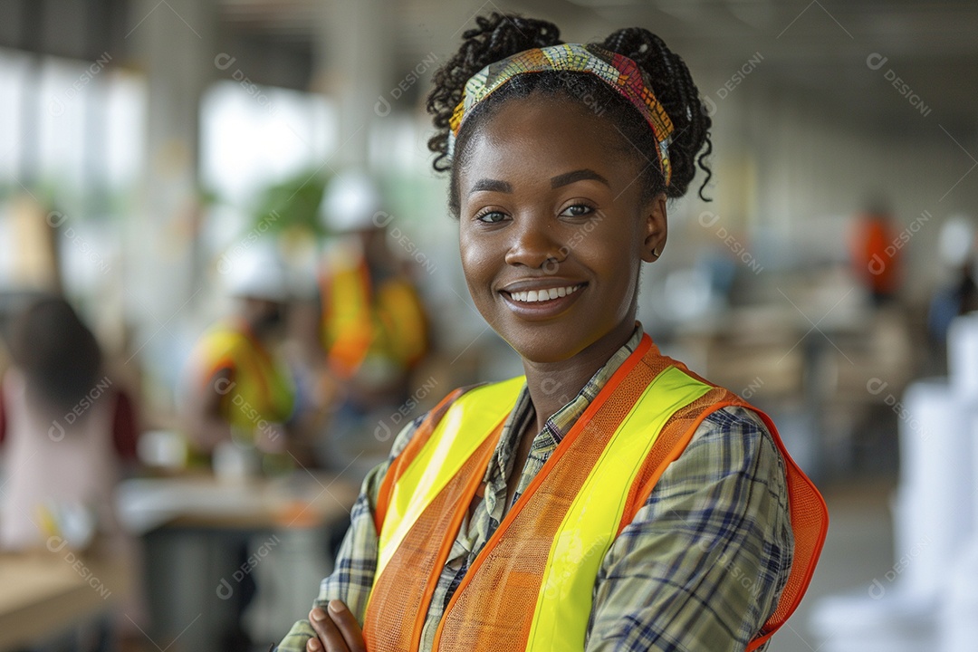 Uma mulher negra com equipamento de construção, colete de segurança vibrante e sorriso confiante