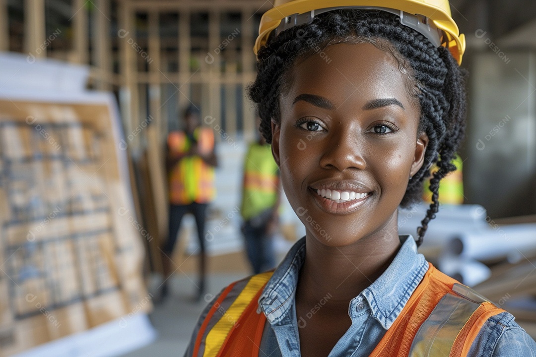 Uma mulher negra com equipamento de construção, colete de segurança vibrante e sorriso confiante