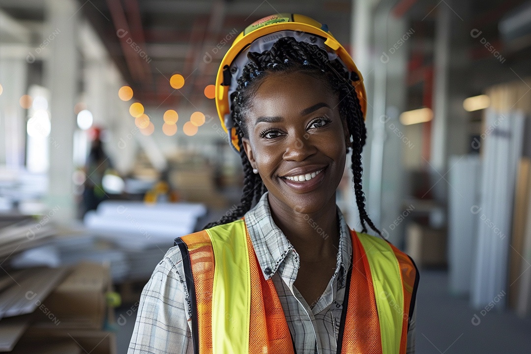 Uma mulher negra com equipamento de construção, colete de segurança vibrante e sorriso confiante