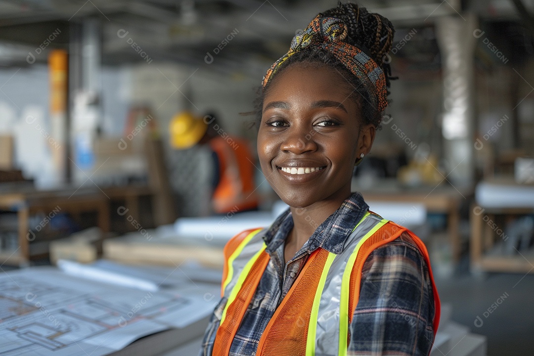 Uma mulher negra com equipamento de construção, colete de segurança vibrante e sorriso confiante