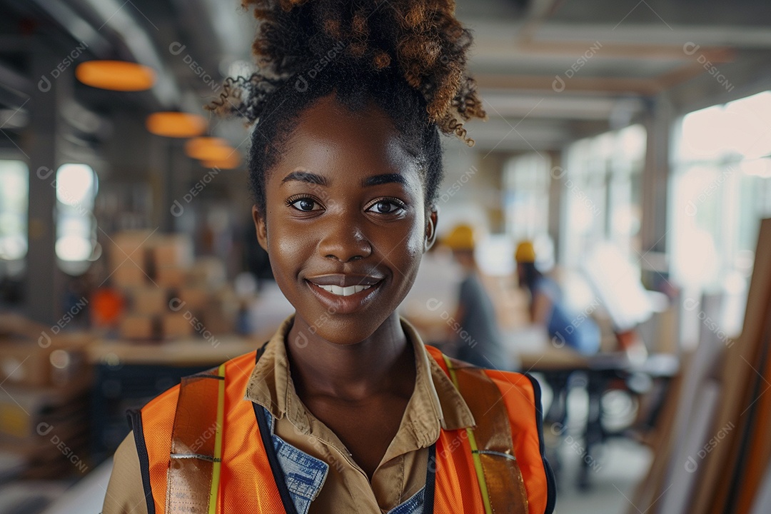 Uma mulher negra com equipamento de construção, colete de segurança vibrante e sorriso confiante