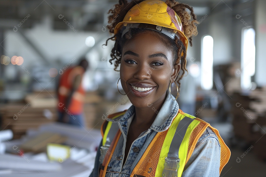 Uma mulher negra com equipamento de construção, colete de segurança vibrante e sorriso confiante