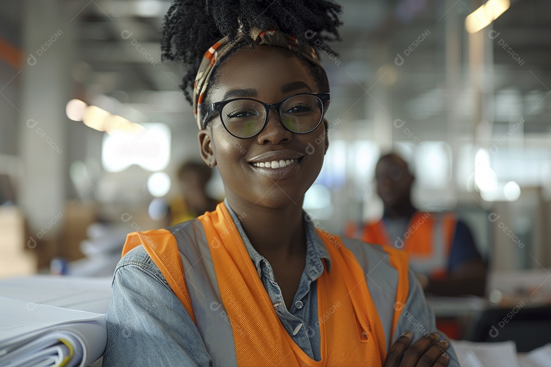 Uma mulher negra com equipamento de construção, colete de segurança vibrante e sorriso confiante